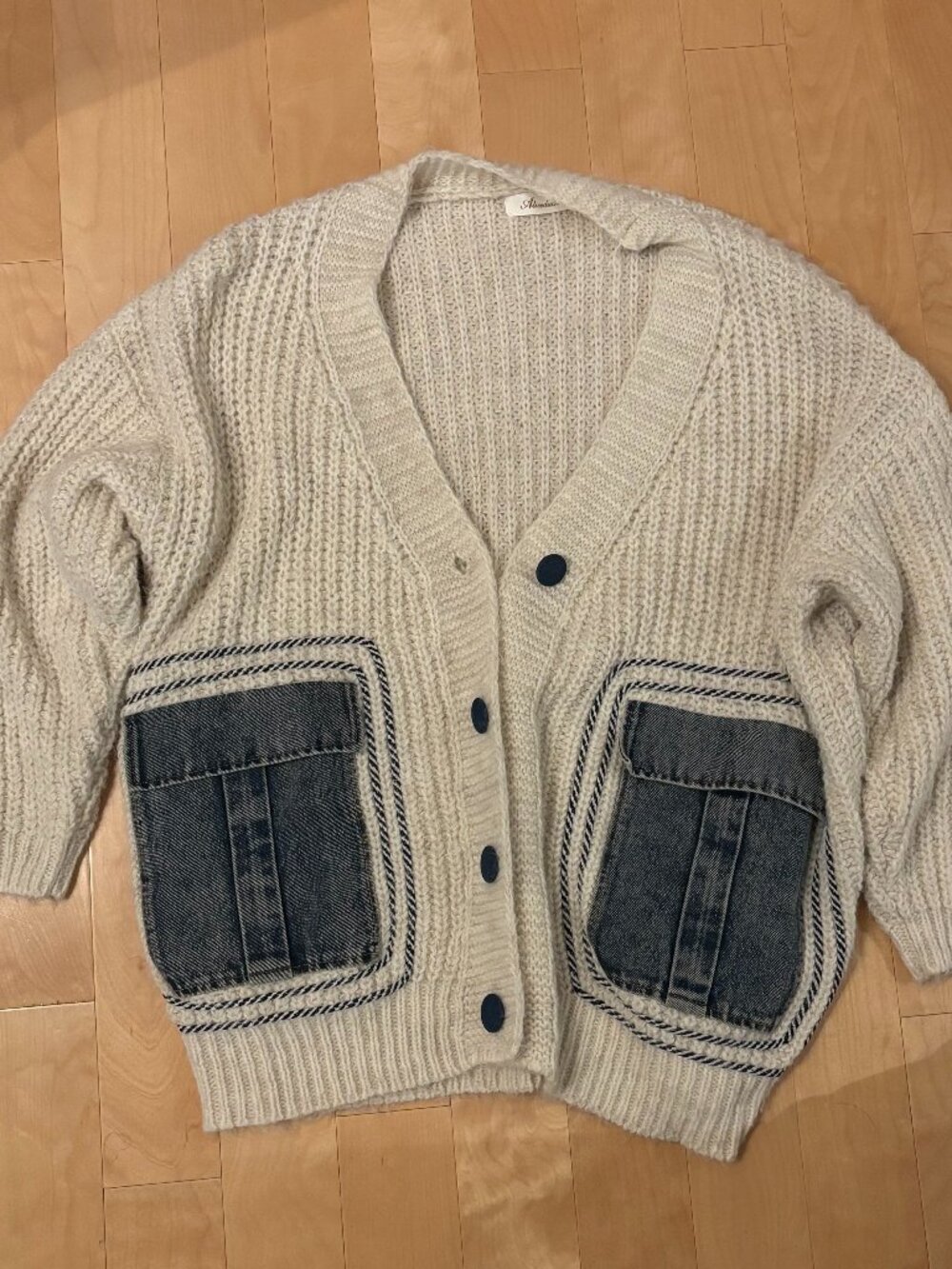 Cream Knit Oversized Cardigan with Denim Pocket Details